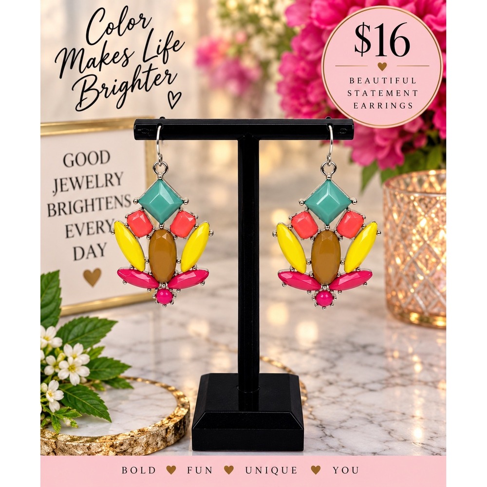 Multicolor Geometric Statement Drop Earrings Silver Tone Resin Stone Chandelier